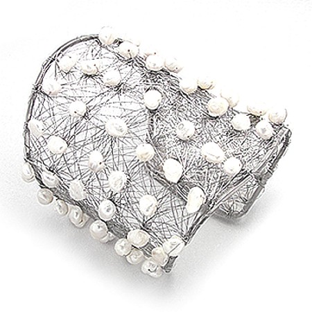 Wide Wired Cuff Bracelet with Genuine Pearls - Click Image to Close